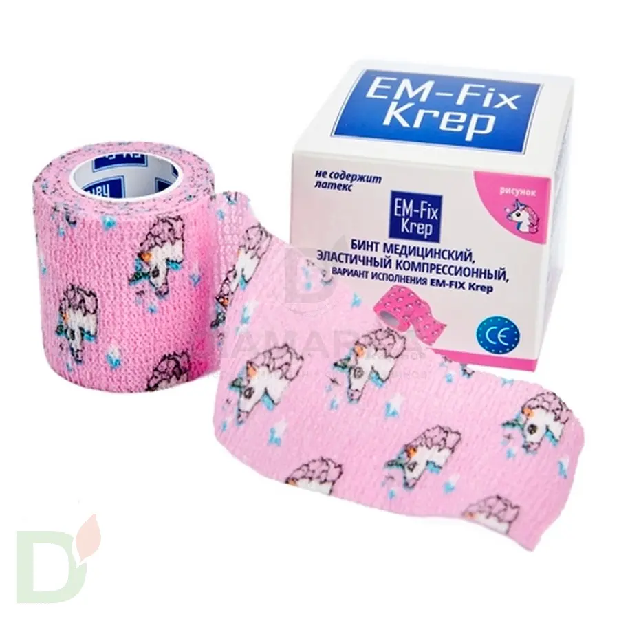 Бинт самофиксирующийся EM-Fix krep Розовый с единорогом, 5см*4,5м в Казани