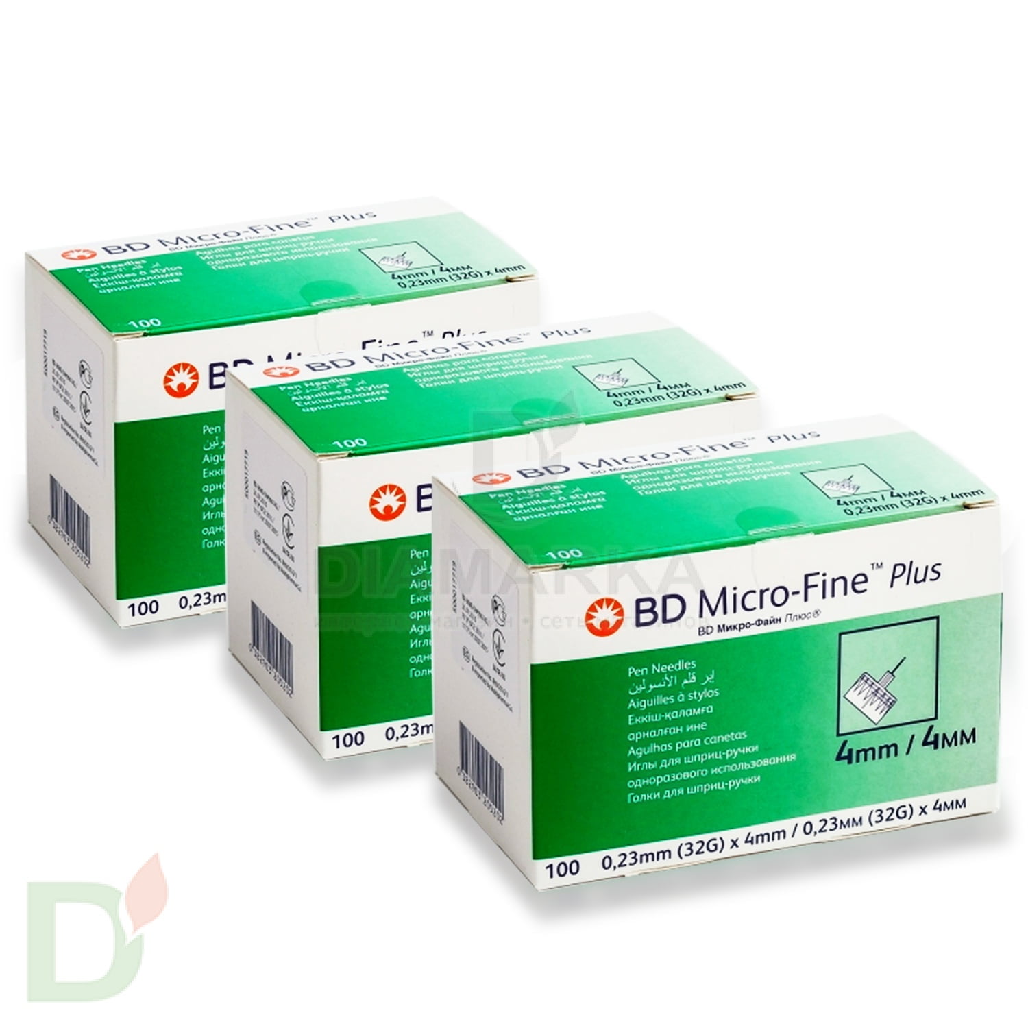 Иглы МикроФайн Плюс 4мм (32G) 3 упаковки по 100 штук